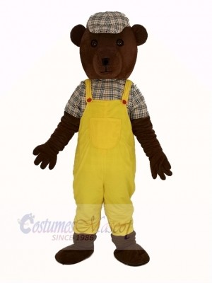 Teddy Bear in Yellow Overalls Mascot Costume Cartoon