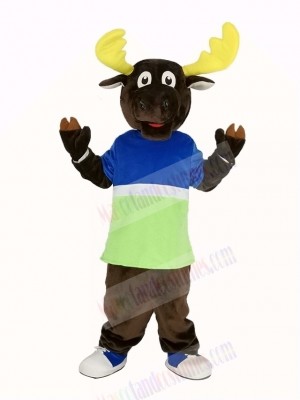 Brown Moose in Blue and Green T-shirt Mascot Costume