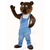 Dark Brown Bear in Blue Overalls Mascot Costume Animal