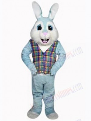 Blue Easter Bunny Mascot Costume Animal in Plaid Shirt