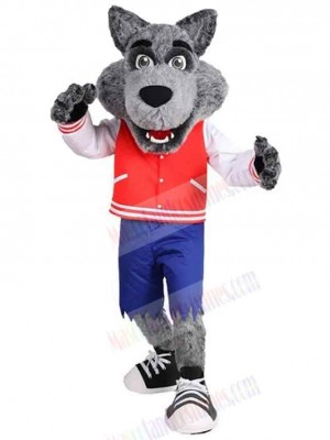 Happy College Gray Wolf Mascot Costume Animal in Red and White Clothes