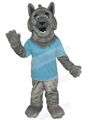 Waving Gray Wolf Mascot Costume Animal in Blue T-shirt