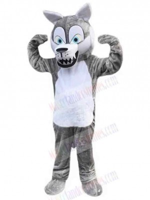 Comical Gray Wolf Mascot Costume Animal with Blue Eyes