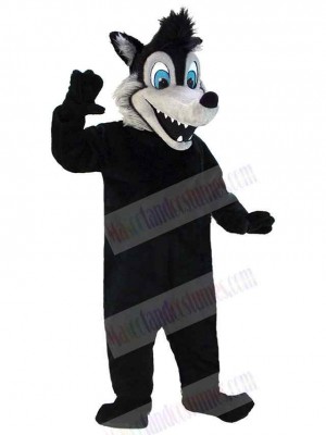 Funny Black Wolf Mascot Costume Animal Adult with Blue Eyes