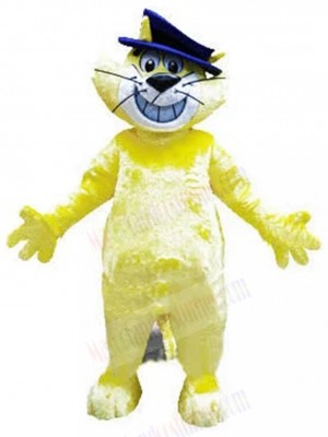 Smiling Yellow Cat Mascot Costume with Bowler Hat Animal