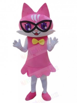 Pink Girl Cat Mascot Costume with Black Glass Animal