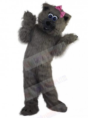 Hairy Grey Cat Mascot Costume with Bow Tie Animal