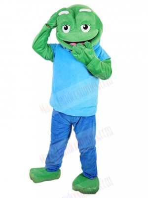 Amiable Green Frog Mascot Costume with Blue Hoodie Animal