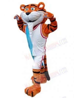 Happy Sport Tiger Mascot Costume in White Jersey