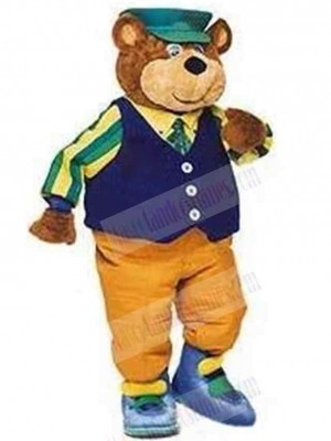 Adult Bear in Blue Vest Mascot Costume Animal