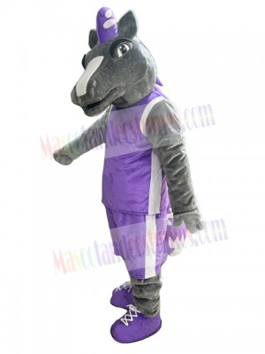 Gray Mustang Horse in Purple Vest Mascot Costume Animal