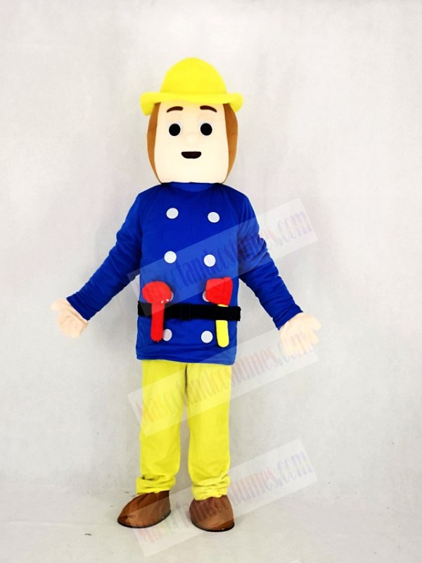 Realistic Fireman Sam In Blue Coat Mascot Costume Cartoon