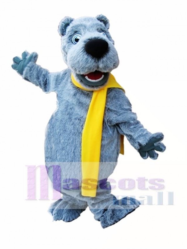 Gray Bear with Yellow Scarf Mascot Costume Grey Bear Mascot Costumes