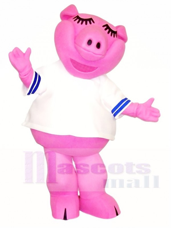 Pink Pig in White Shirt Mascot Costumes Farm Animal