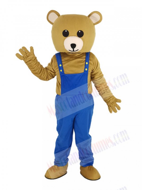 Brown Teddy Bear in Blue Overalls Mascot Costume Animal